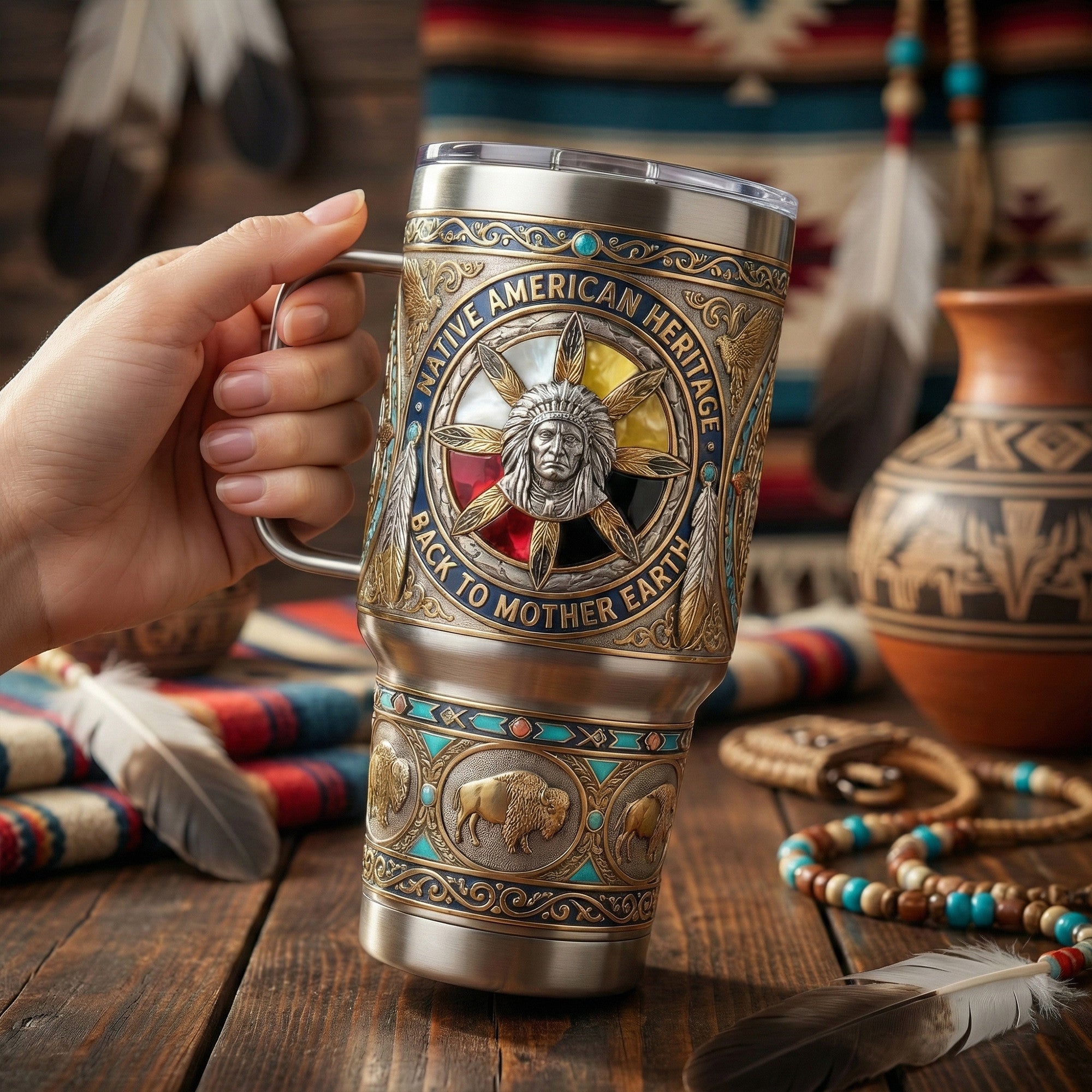 Native American Heritage 40oz Tumbler With Handle LNTH