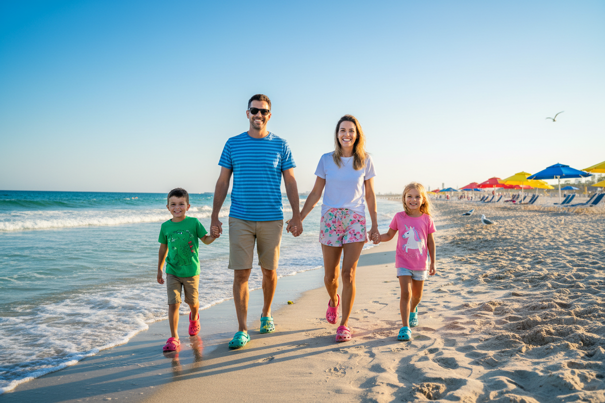 family in vacation on beach, wearing t-shirt and crocs