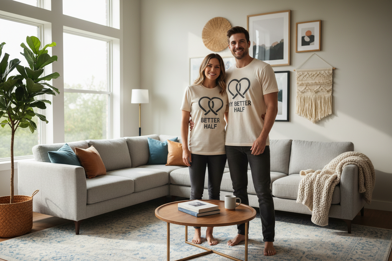 man and woman wearing couple tshirt in living room